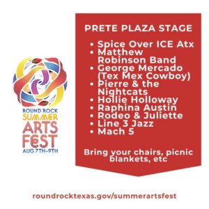 Event flyer for the Round Rock Summer Arts Fest listing performers for the Prete Plaza Stage, with event dates and website. Bright colors and a stylized logo are featured on a white background.