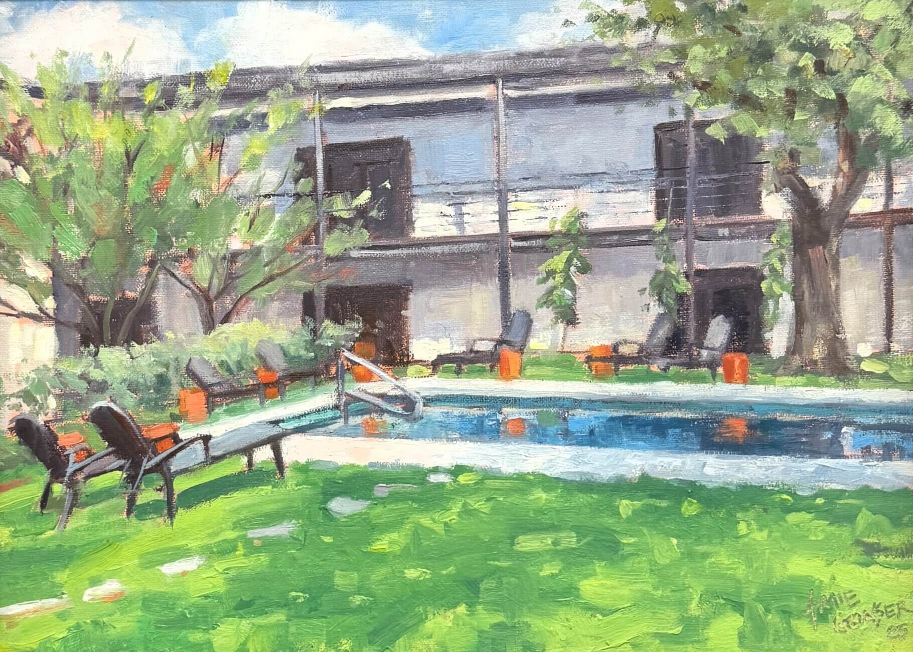 A painting of a modern building with large windows, a green lawn, and a swimming pool evokes the inviting atmosphere of an art gallery. Several black lounge chairs and potted plants surround the pool, with trees and blue sky in the background, making it reminiscent of the relaxed yet creative spirit found at music and arts round rock.