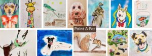 A collage of colorful pet-themed artworks, including dogs, a giraffe, a bird, a turtle, fish in a bowl, a squirrel, and a chipmunk. The center text reads, Paint A Pet..