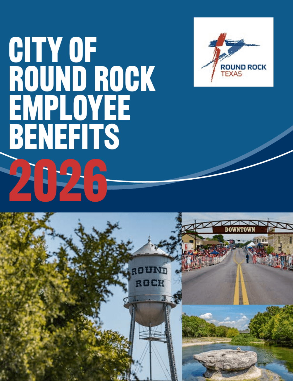 Cover of the City of Round Rock Employee Benefits 2026 guide, featuring the city logo, a water tower, a downtown street, and a scenic bridge over water with trees.