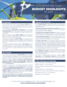 A budget highlights flyer from the City of Round Rock for FY 2027, listing components, budget totals, city projects, staffing, public hearing info, and website details, all with a green playground structure in the background.