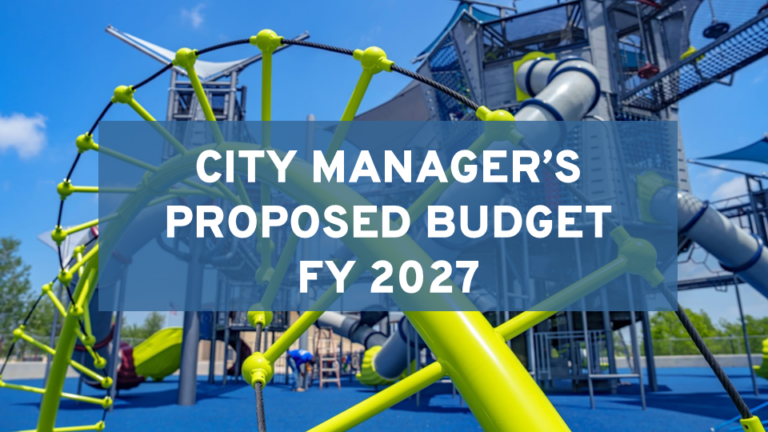 A modern playground structure with slides and climbing nets is shown, overlaid with text reading, City Managers Proposed Budget FY 2027..