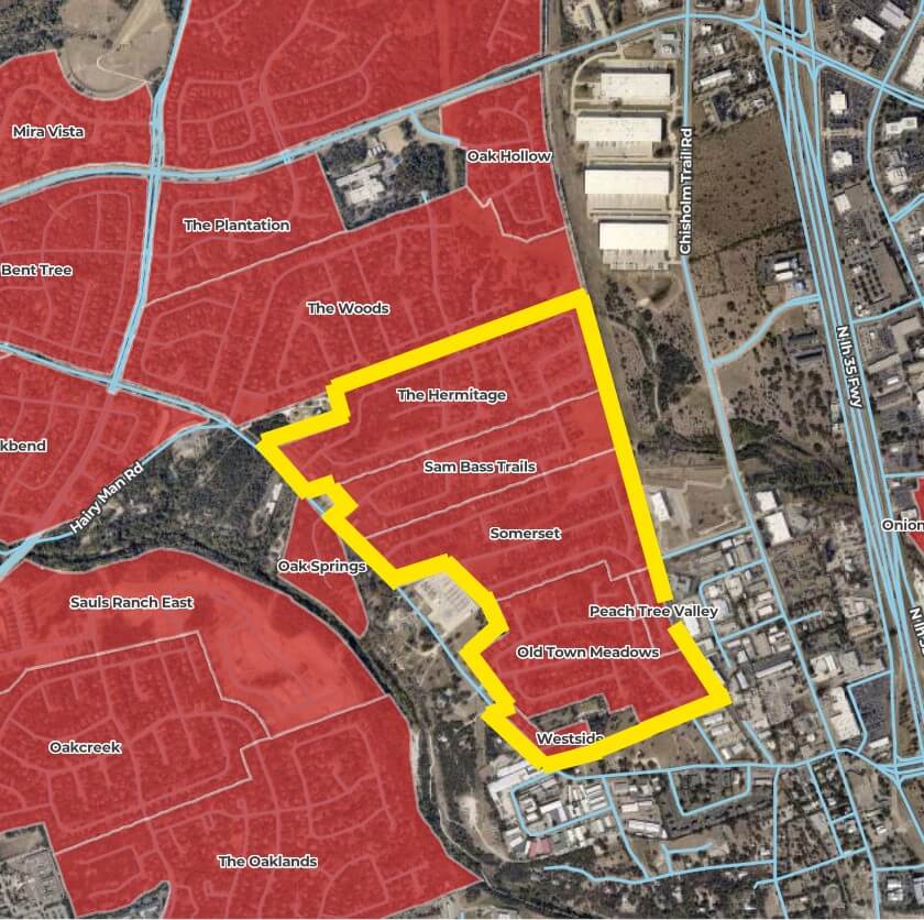 A map shows a neighborhood outlined in yellow labeled with street names and area names. The surrounding area is shaded red, while roads and buildings are visible throughout.