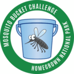 A blue bucket with a cartoon mosquito inside, surrounded by a green ring with the text Mosquito Bucket Challenge Homegrown National Park..