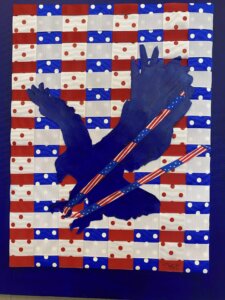 A dark blue eagle silhouette flies over a red, white, and blue checkered background with polka dots, and diagonal patriotic stripes with stars and stripes cross its wings.