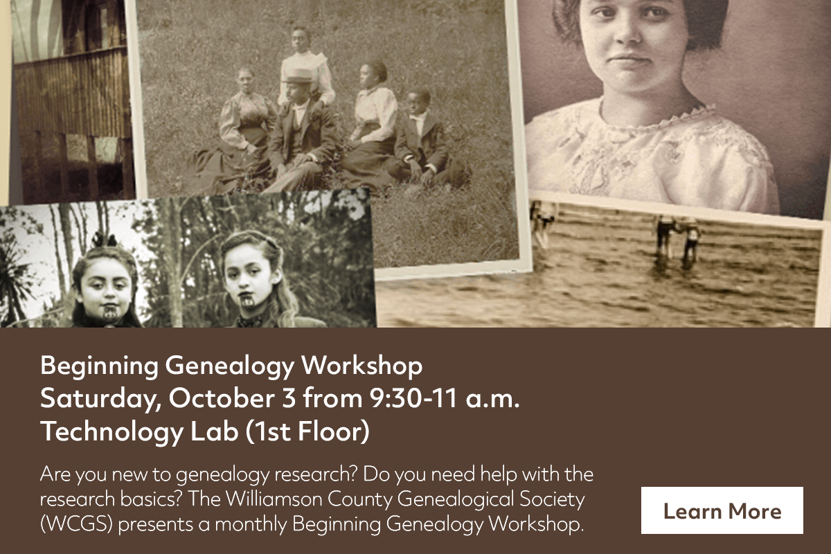 Flyer for a Beginning Genealogy Workshop with old family photos, event details for October 3, 9:30-11 a.m., Technology Lab, and a brief description inviting beginners to learn genealogy basics.