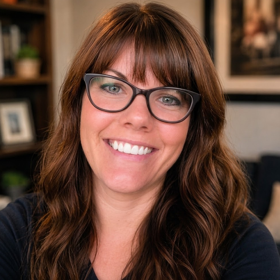 A woman with long wavy brown hair and glasses smiles at the camera. She is indoors, with bookshelves and framed pictures in the background.