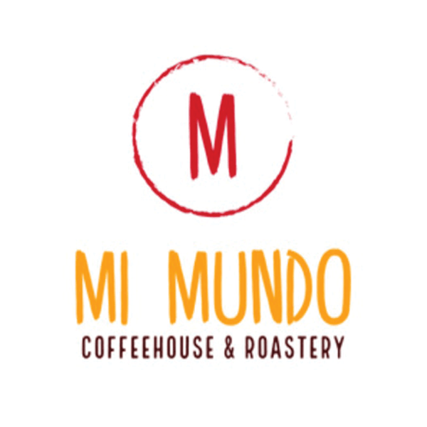 Logo for Mi Mundo Coffeehouse & Roastery, featuring a red M inside a red circle above the business name in orange and brown text on a white background.