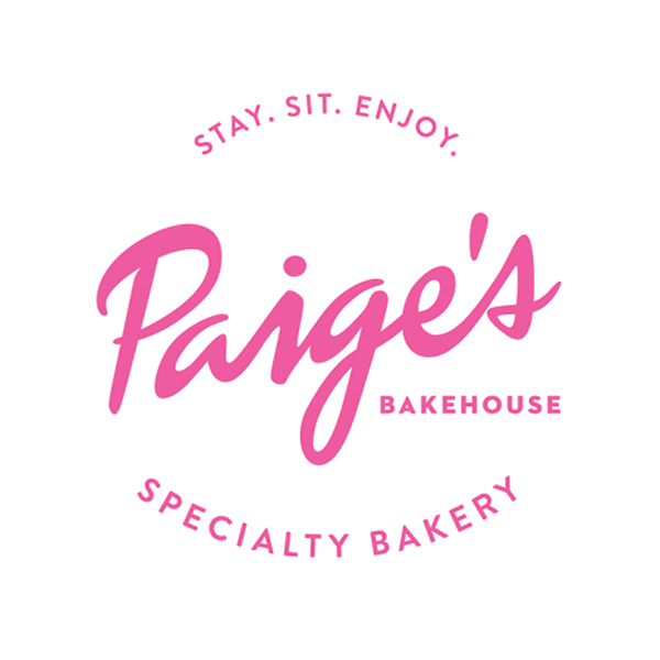 Logo with pink text: Paiges Bakehouse in script and STAY. SIT. ENJOY. SPECIALTY BAKERY in uppercase around it, all on a white background.