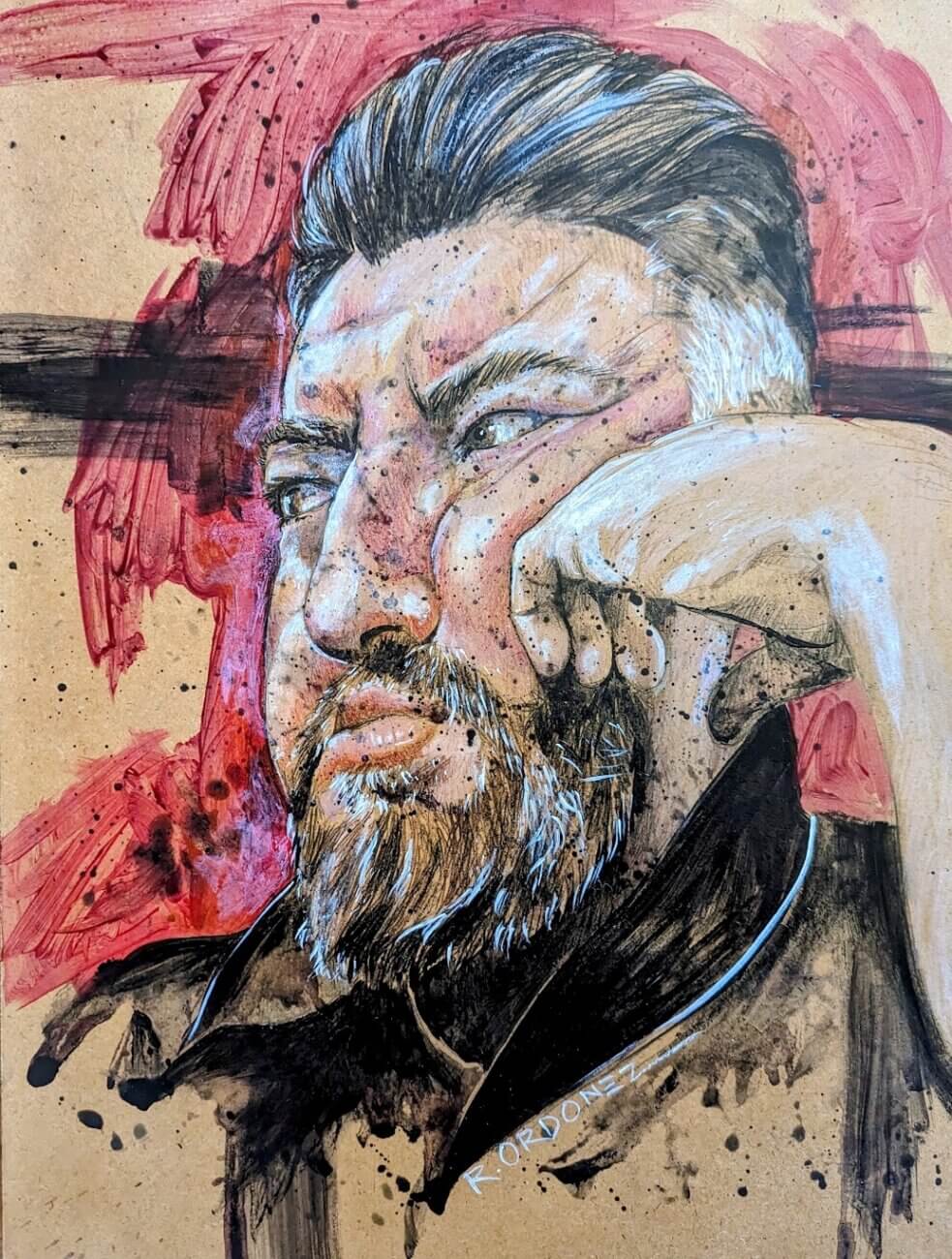 A painted portrait of a bearded man resting his chin on his hand, looking thoughtfully to the side. The background is abstract with bold red and black brushstrokes.