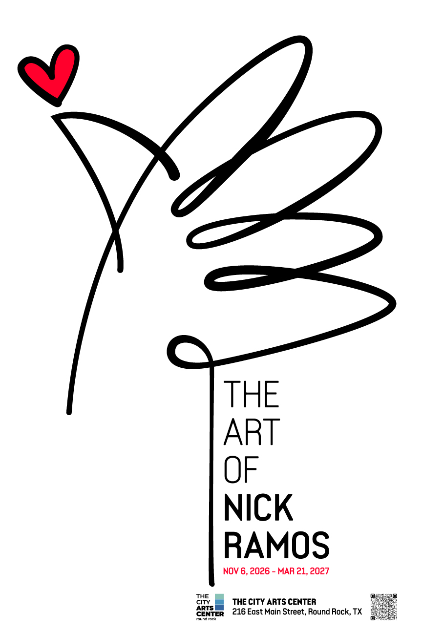 Event poster for The Art of Nick Ramos at The City Arts Center from Nov 6, 2026, to Mar 21, 2027, featuring a minimalist line drawing of a hand with a red heart at this art gallery.