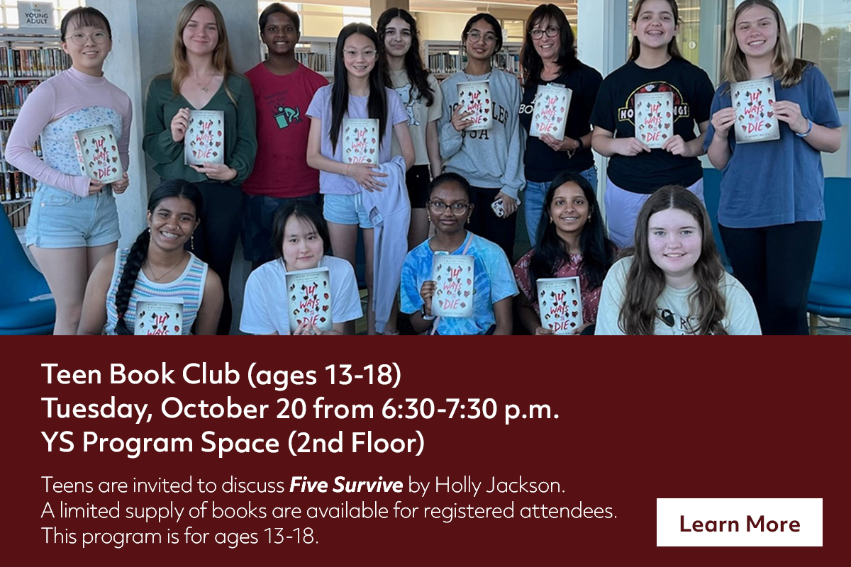 A group of thirteen teenagers and an adult standing and sitting together, each holding a copy of the book Five Survive by Holly Jackson, with event details for a teen book club printed below.