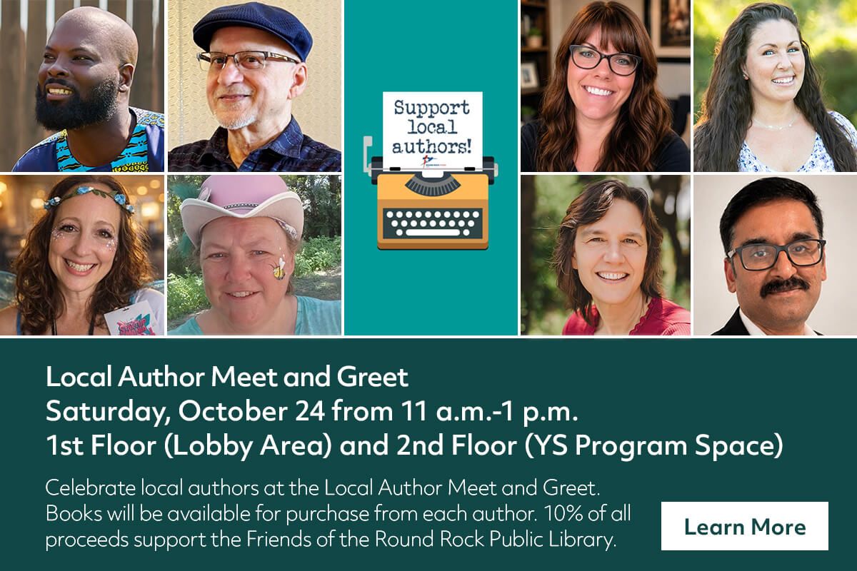 Collage of seven authors and a typewriter illustration for the Local Author Meet and Greet on October 24, with event details and a Learn More button.