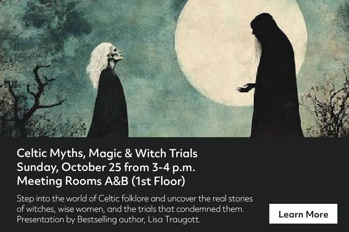 Event poster for Celtic Myths, Magic & Witch Trials with author Lisa Traugott, held Sunday, October 25 from 3-4 p.m. in Meeting Rooms A&B.