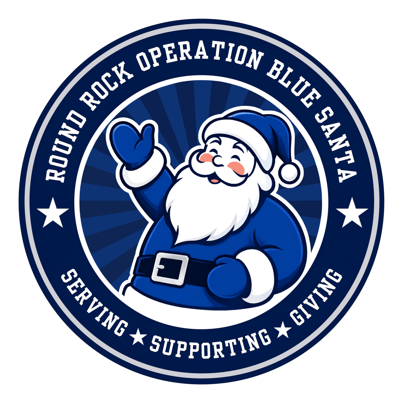 Round Rock Operation Blue Santa logo featuring a waving Santa Claus in a blue suit, with the text Serving, Supporting, Giving around the border.