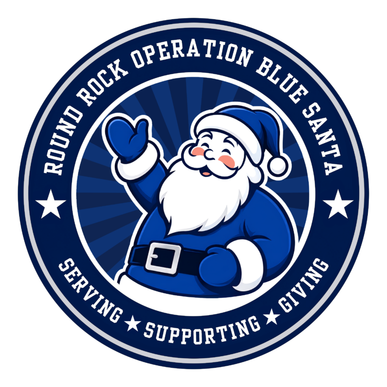 Round Rock Operation Blue Santa logo featuring a waving Santa Claus in a blue suit, with the text Serving, Supporting, Giving around the border.