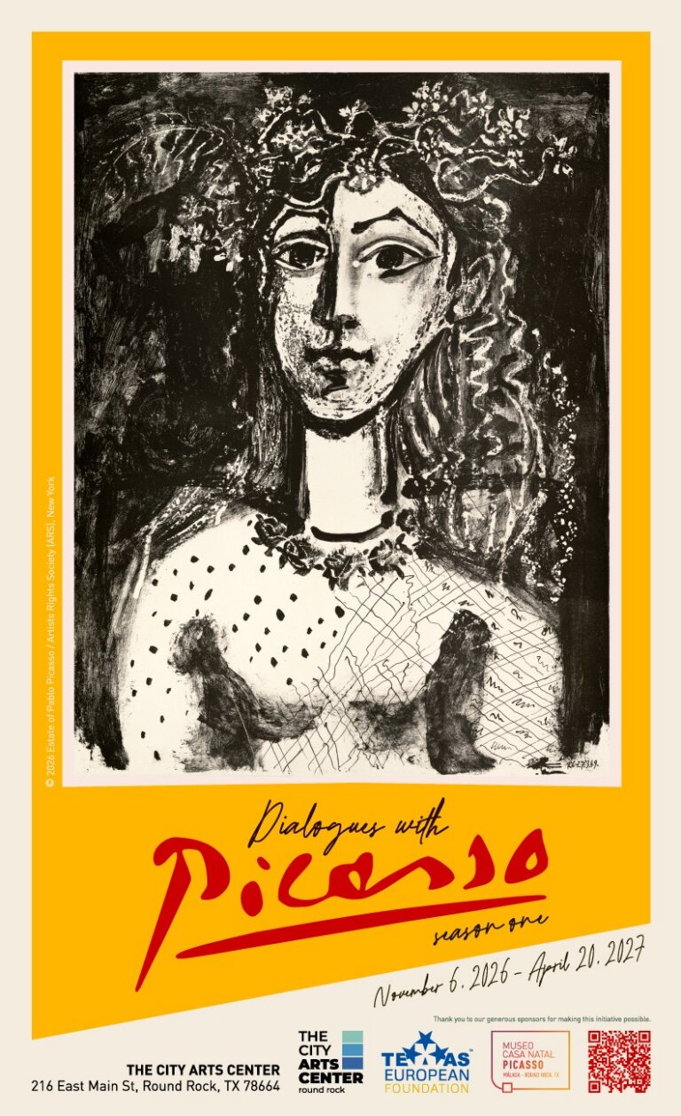 Poster for the Dialogues with Picasso exhibition at The City Arts Center, featuring a Picasso line drawing of a woman and the dates November 6, 2026, to April 20, 2027, at this local art gallery.